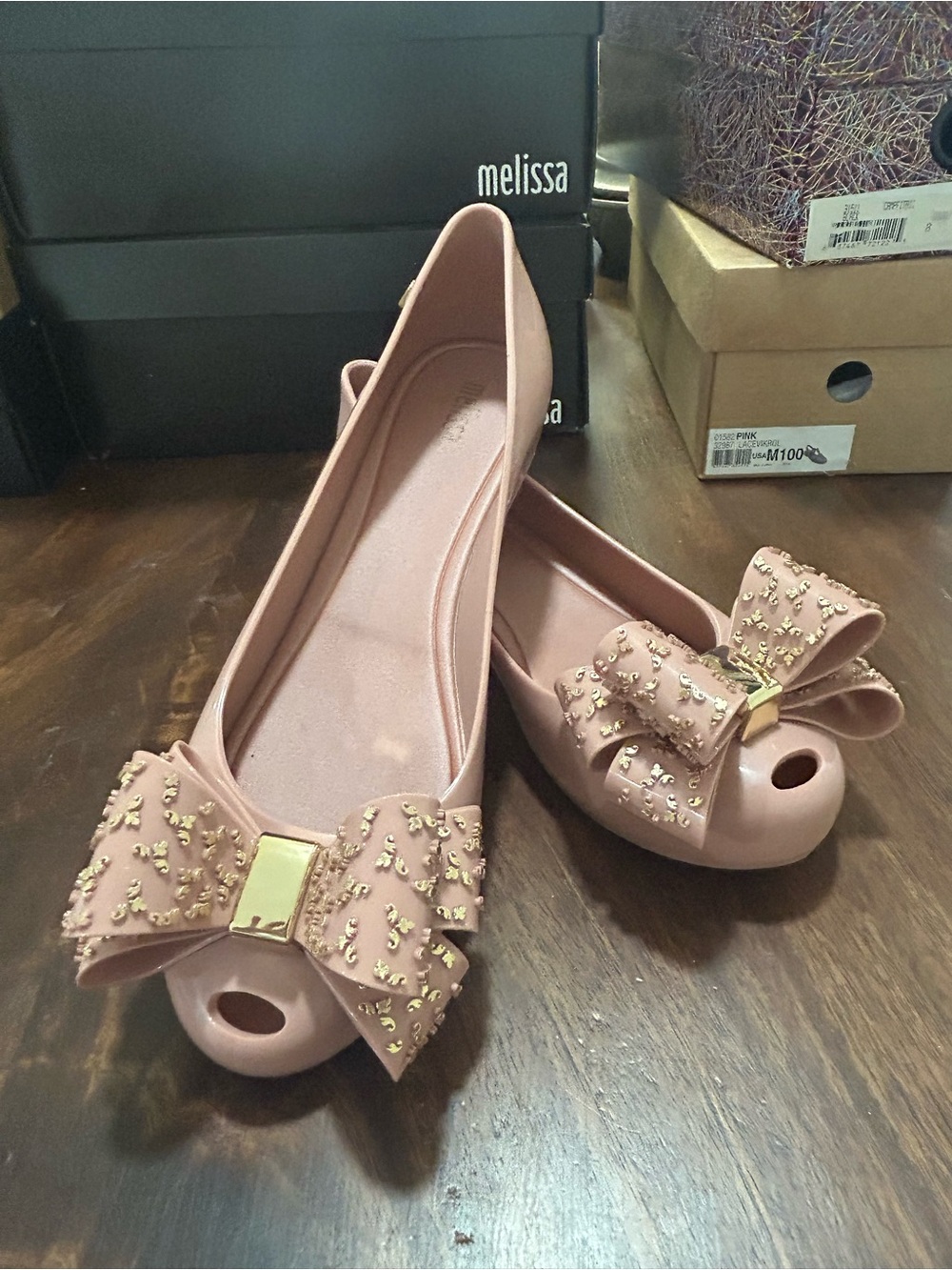 Melissa Blush Pink Bow Ballet Flats with Gold Accents NWT